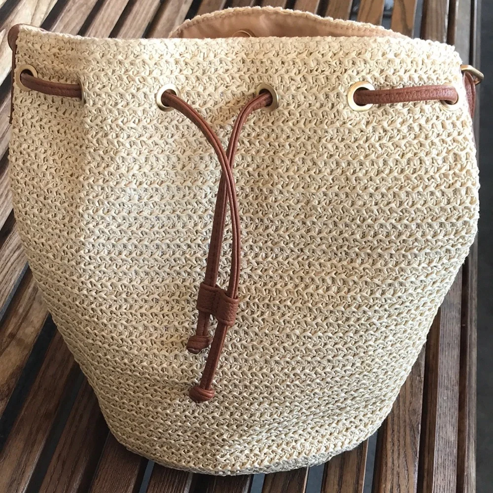 Straw Bucket Bag with Brown Leather Drawstring